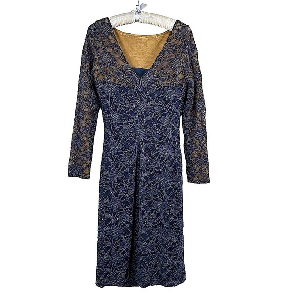 Lauren Ralph Lauren Blue Long Sleeve Stretch Lace Dress with Sequins Size 6 - Picture 3 of 9